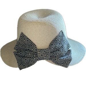 Denia  Accessories White Straw Hat with Blue &White Ribbon